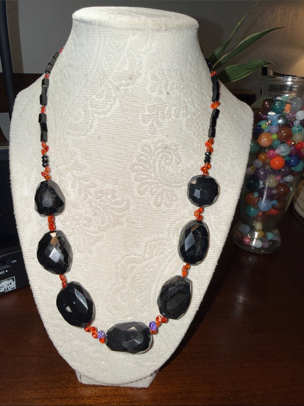 Black Faceted stone Necklace with Orange and purple Accent Beads - 925 stamp